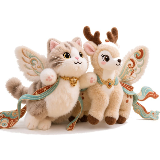 Winged Cat & Deer — on white